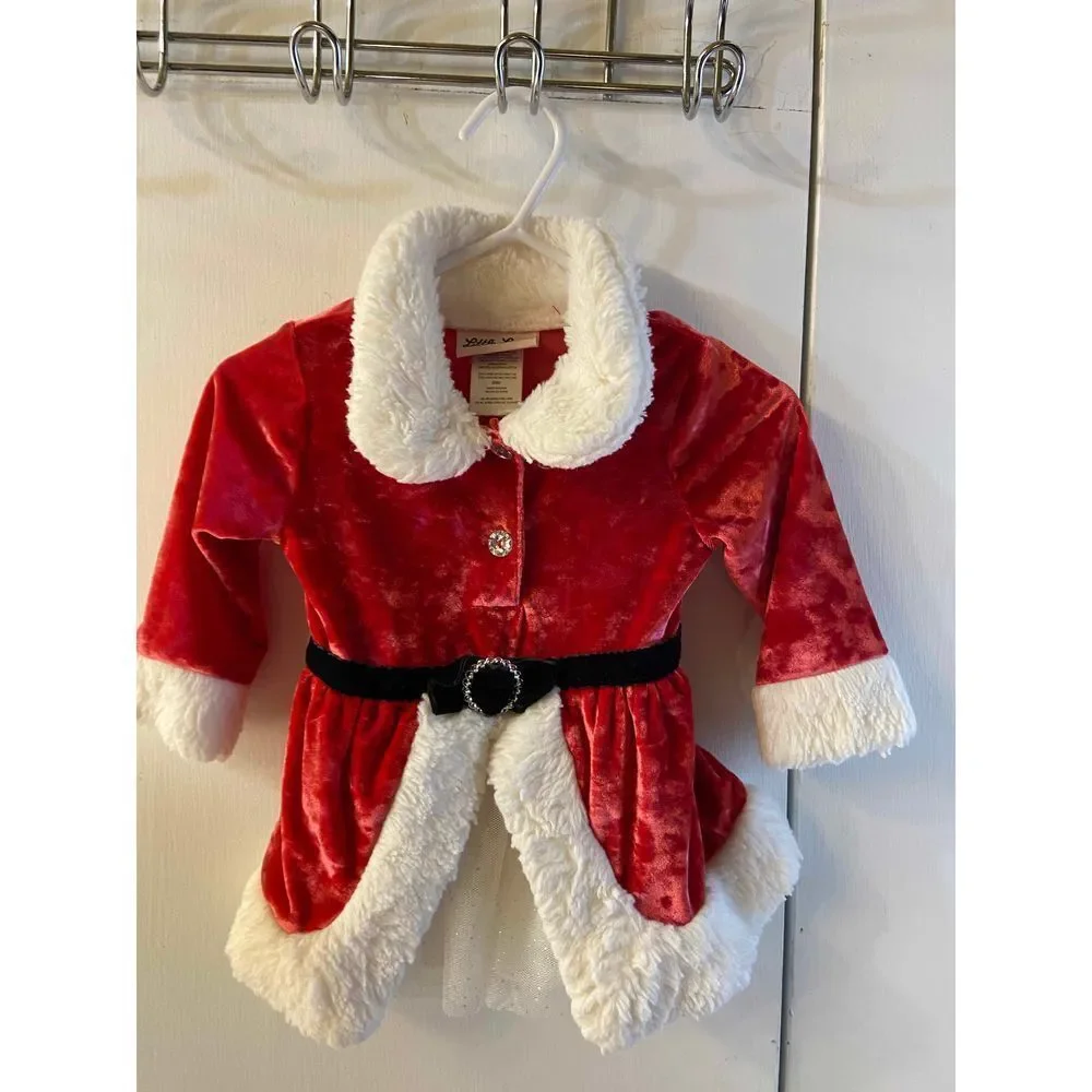 Little Lass Christmas Santa Dress Red Velour 6/9‎ nwot
